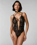 Private Bodysuit Brandy Black - Front View with Choker